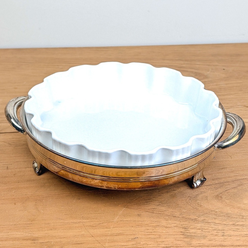 FB Rogers Silver Plated Footed Casserole Carrier with White Ceramic Fluted Dish